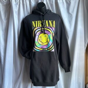 Divided Black Hoodie Jumper Dress with Yellow and Multicolor Graphic